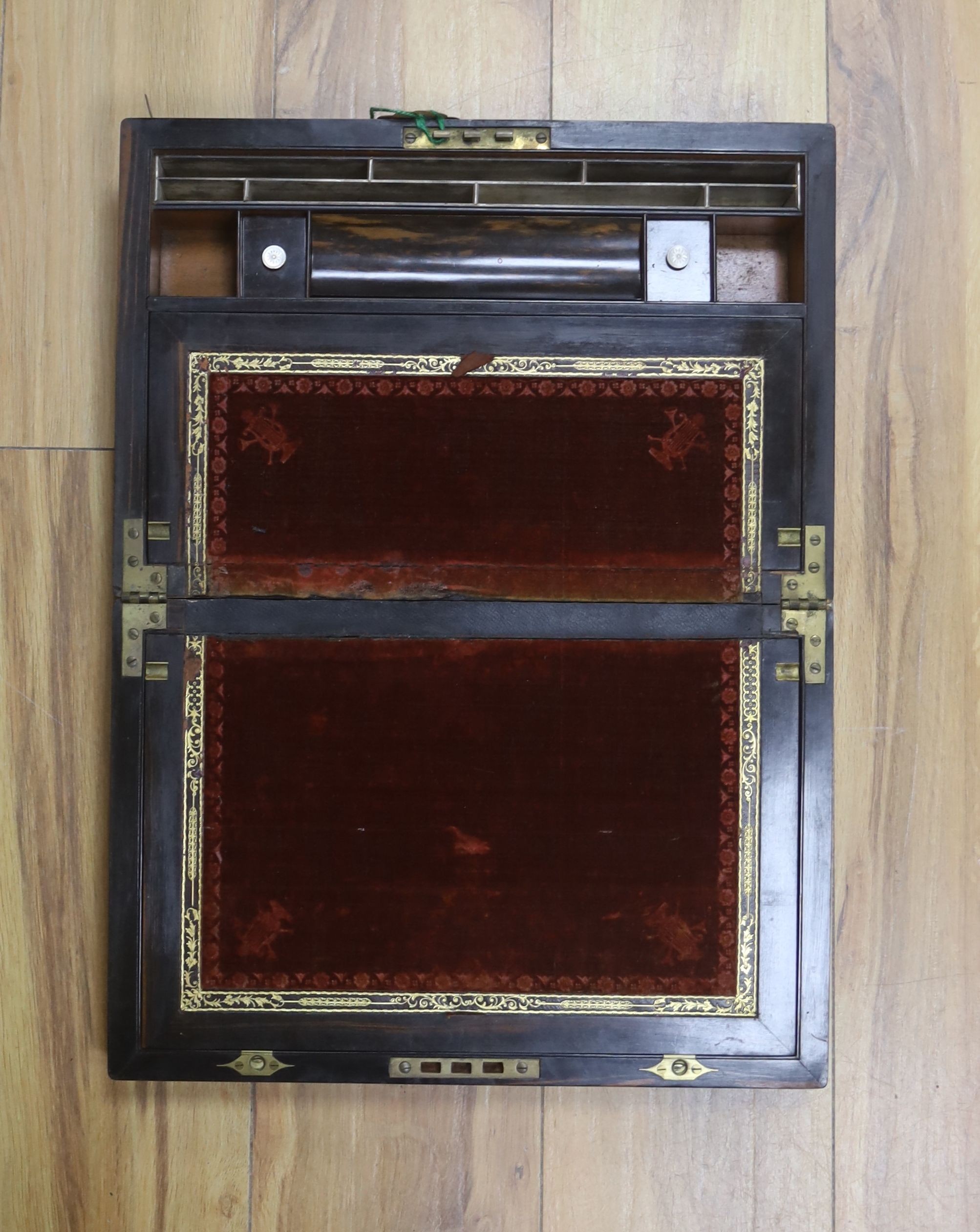 A Victorian rosewood writing box and two Victorian walnut and parquetry boxes